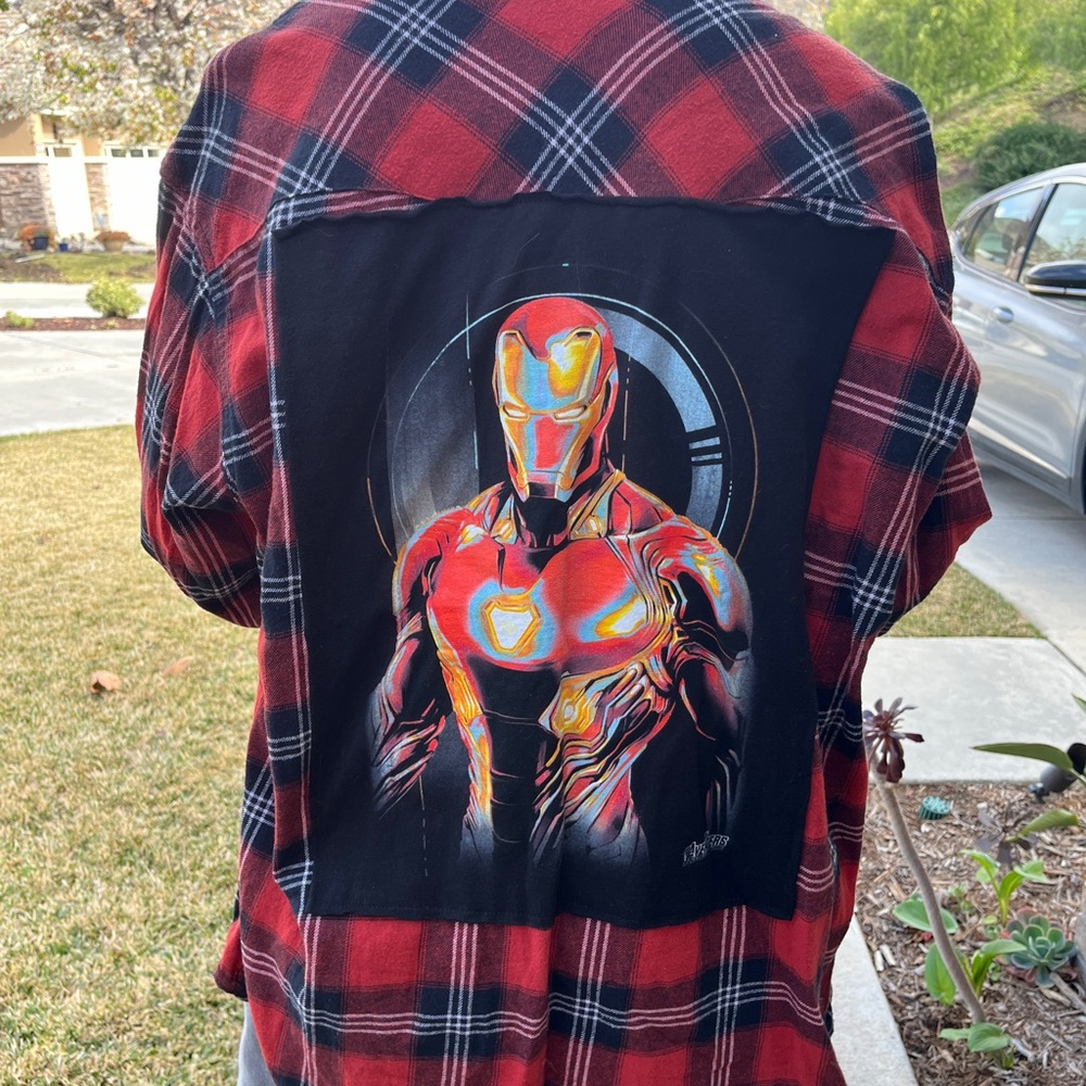 Iron Man upcycled Flannel Shirt unisex Size Large L